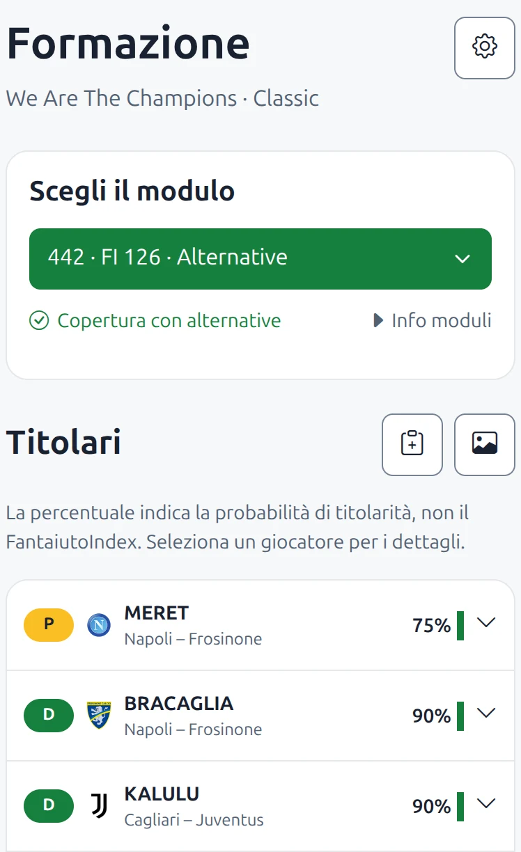 Formazione di Fantaiuto: scelta del modulo con FantaiutoIndex, elenco dei titolari con ruoli e probabilità di titolarità.